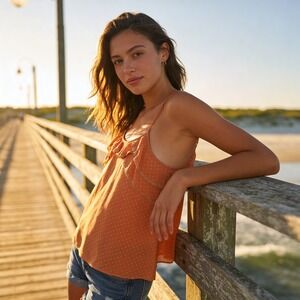 Bozzolo Orange Polka Dot Ruffle Camisole Tank Top RT8521 Large Mens Womens